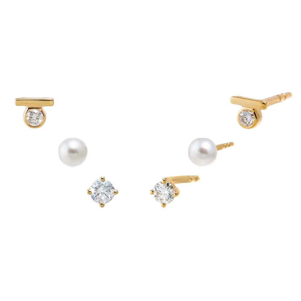 Diamond & Pearls Stud Earring Combo Set 14K