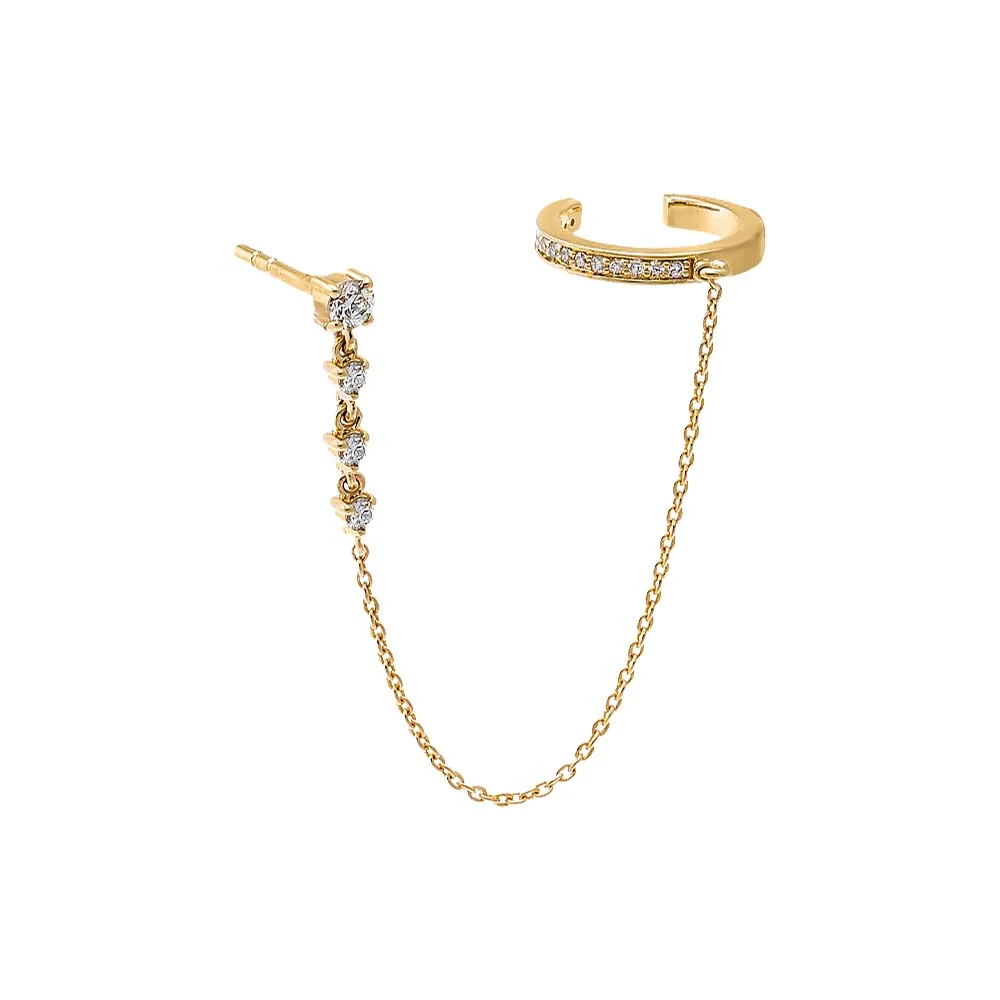 Diamond Chain X Pave Ear Cuff Stud Earring 14K