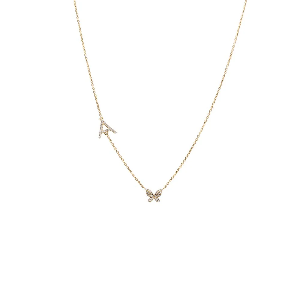 Diamond Pave Butterfly Initial Necklace 14K