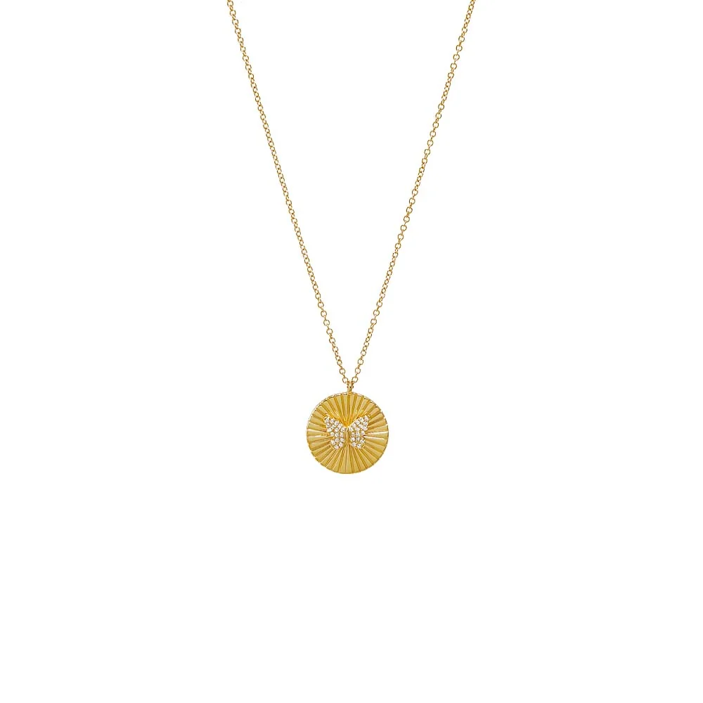 Diamond Pave Butterfly Ridged Disc Necklace 14K