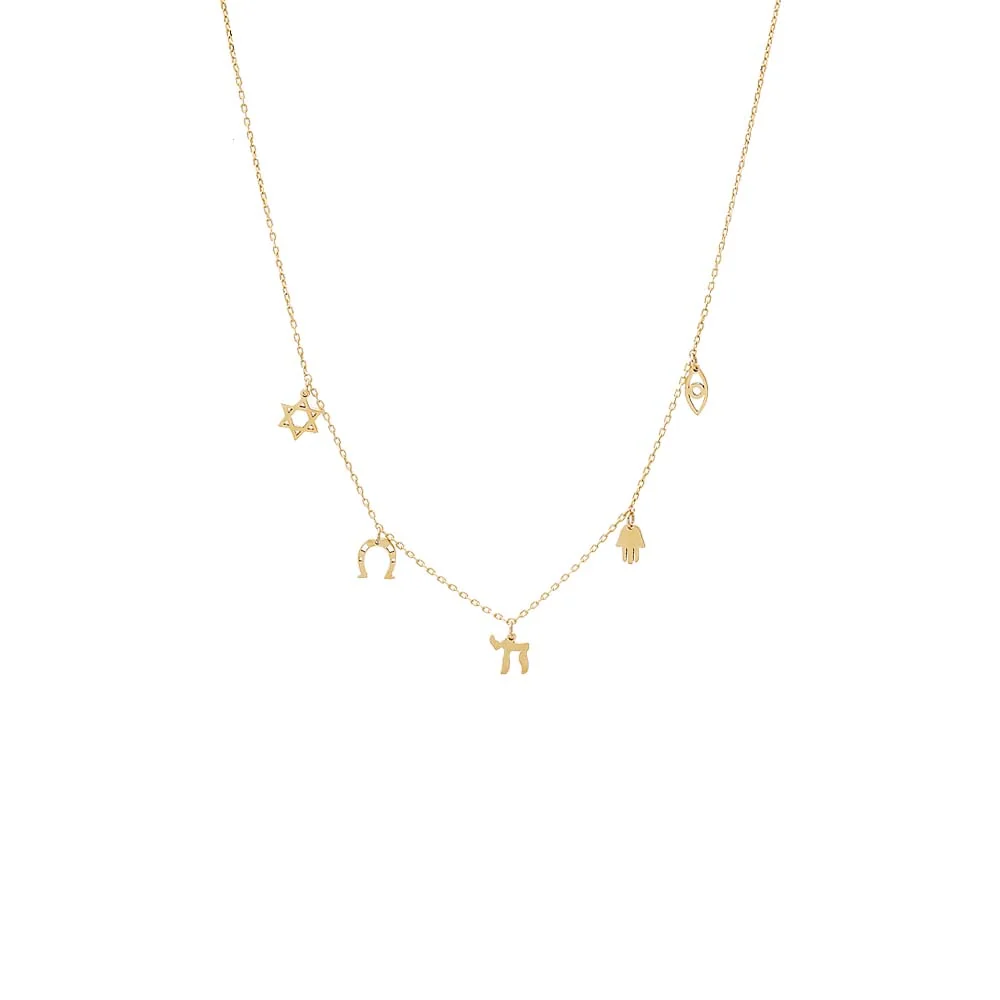 Solid Dangling Multi Charm Necklace 14K