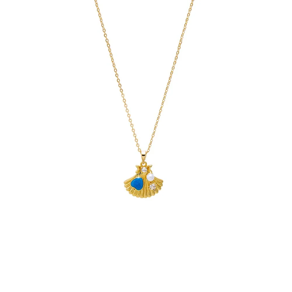Turquoise. Pearl & CZ Seashell Pendant Necklace