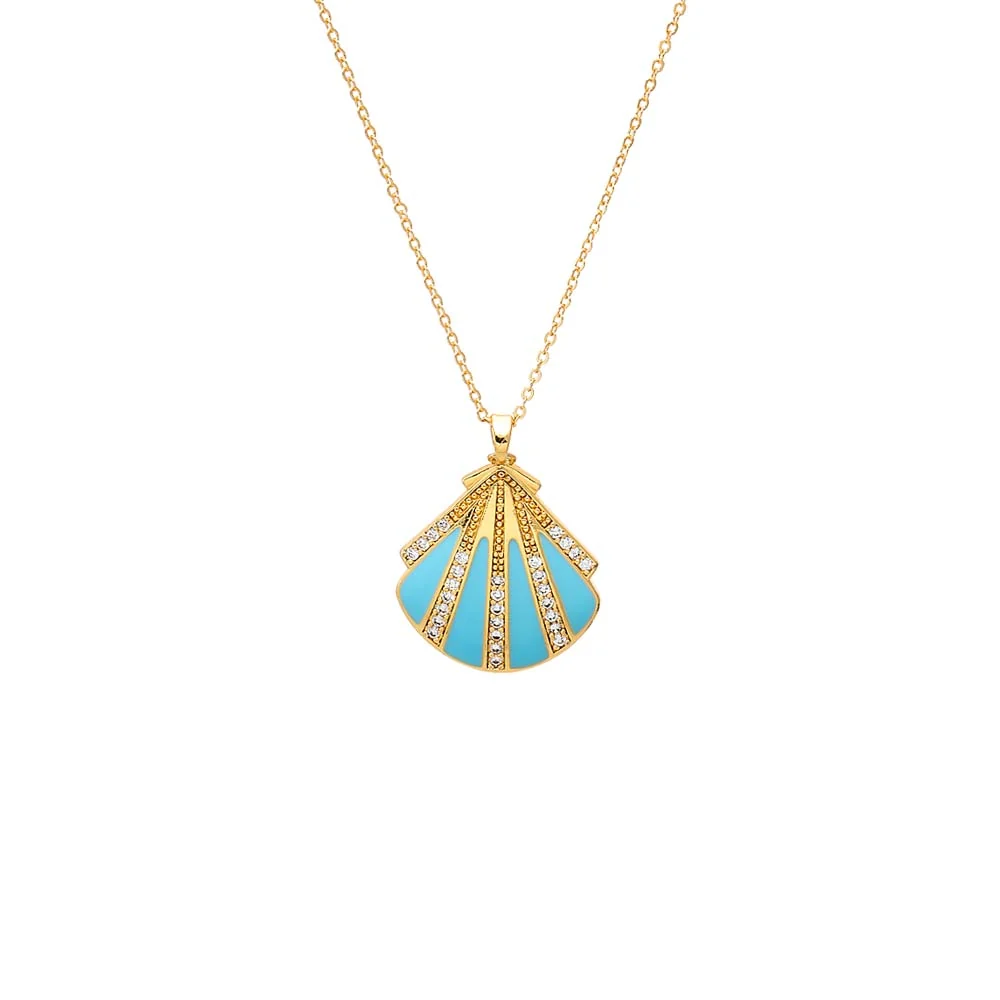 Turquoise Enamel & CZ Seashell Pendant Necklace