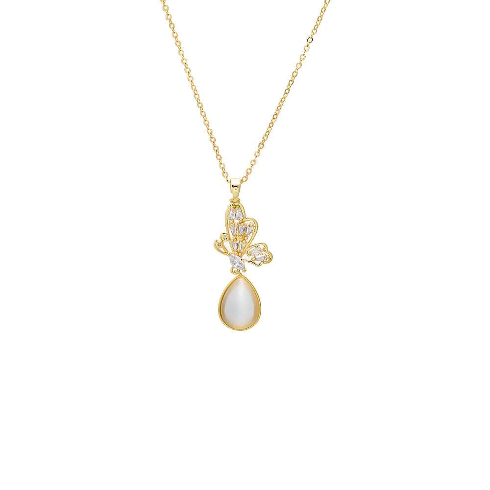 CZ Butterfly & MOP Teardrop Pendant Necklace