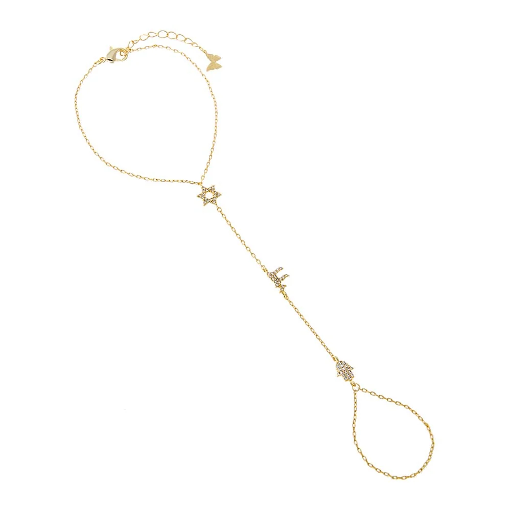 Pave Jewish Charms Hand Chain Bracelet