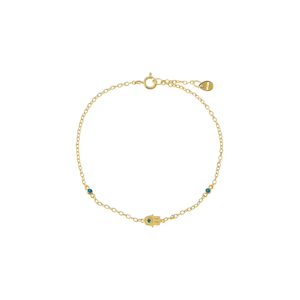 Sapphire Blue CZ Bezel Hamsa Charm Bracelet