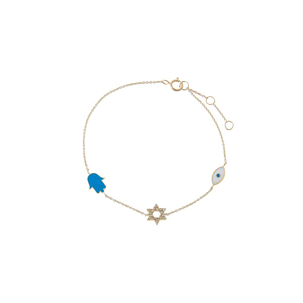 Diamond & Colored Enamel Jewish Charms Bracelet 14K