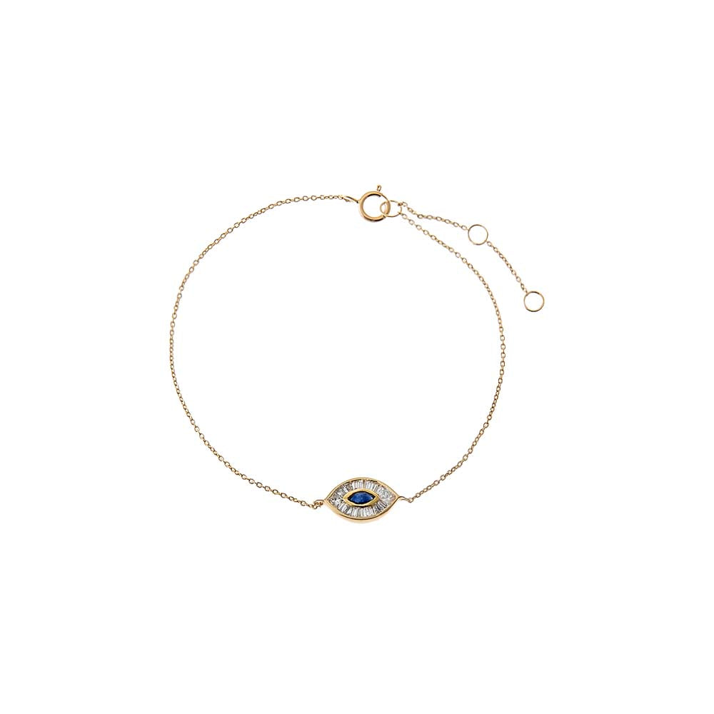 Diamond & Sapphire Blue Baguette Evil Eye Bracelet 14K