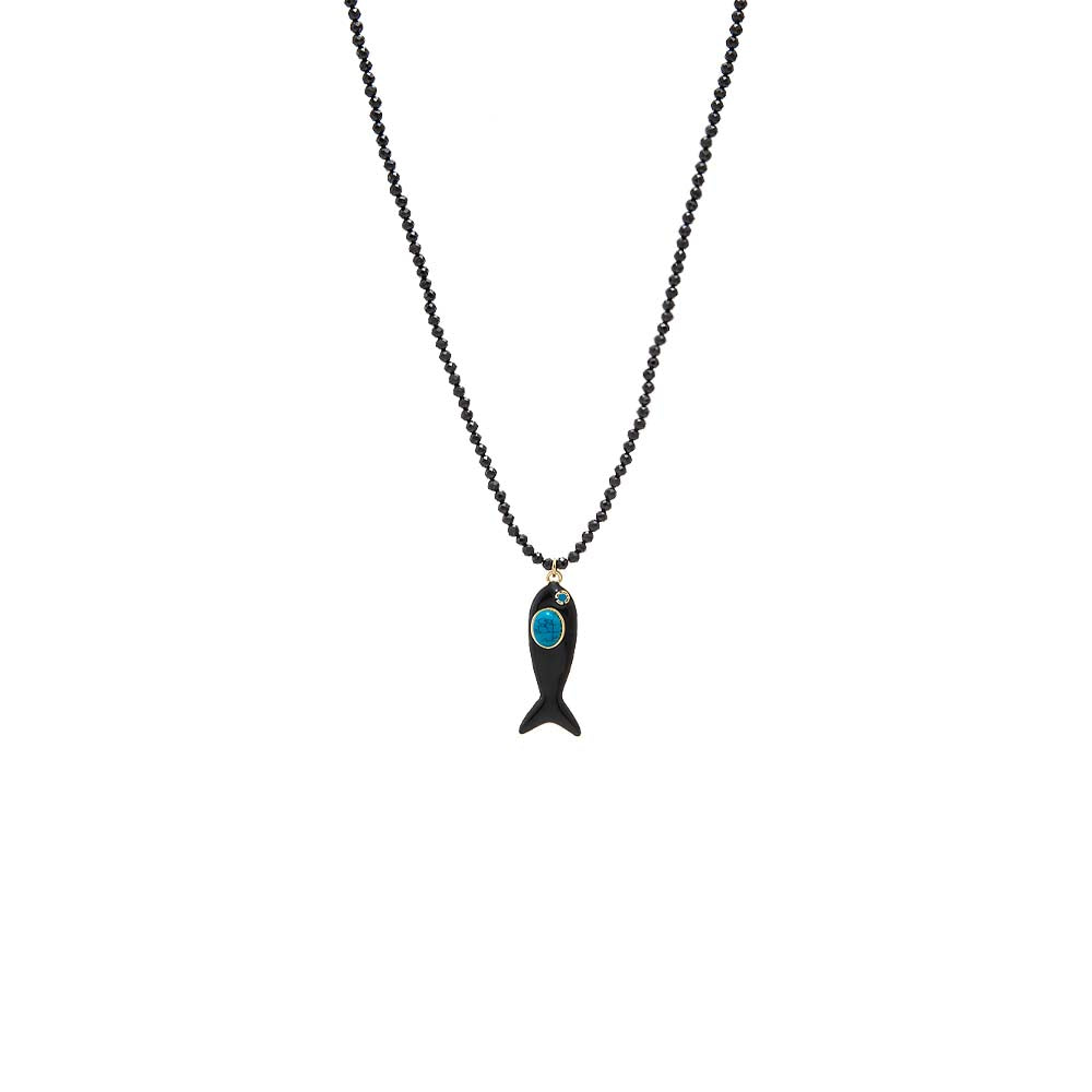 Black Enamel Fish / Onyx Beaded Pendant Necklace