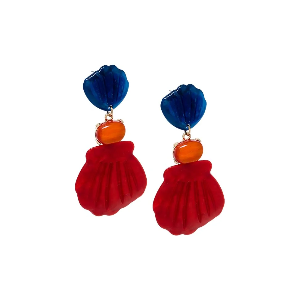 Blue Red Seashell Orange Gem Drop Earrings