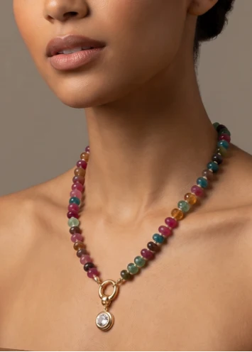 Colored Natural Stone Beaded /CZ Oval Bezel Charm Necklace - Image 3