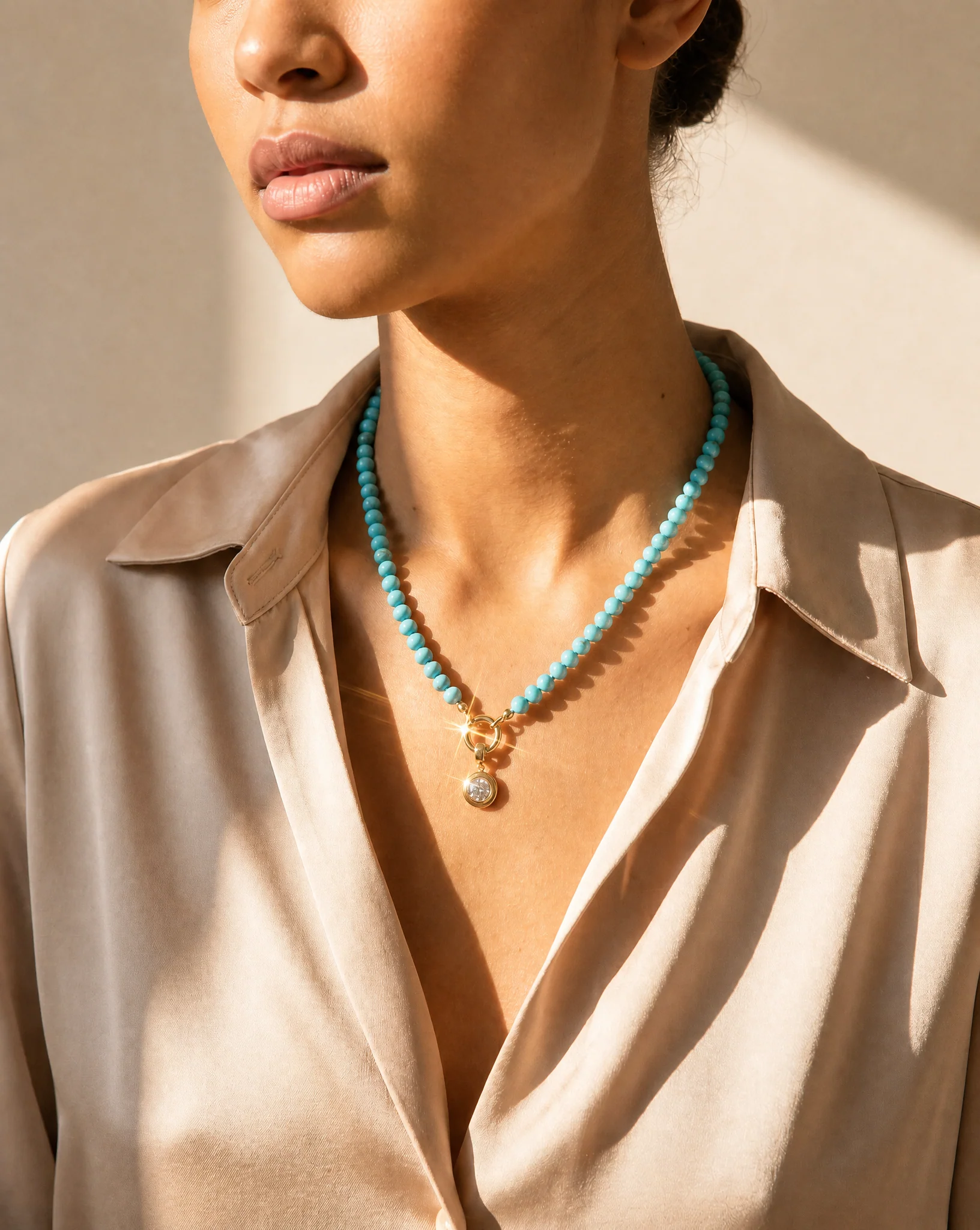 Colored Natural Stone Beaded /CZ Oval Bezel Charm Necklace - Image 2