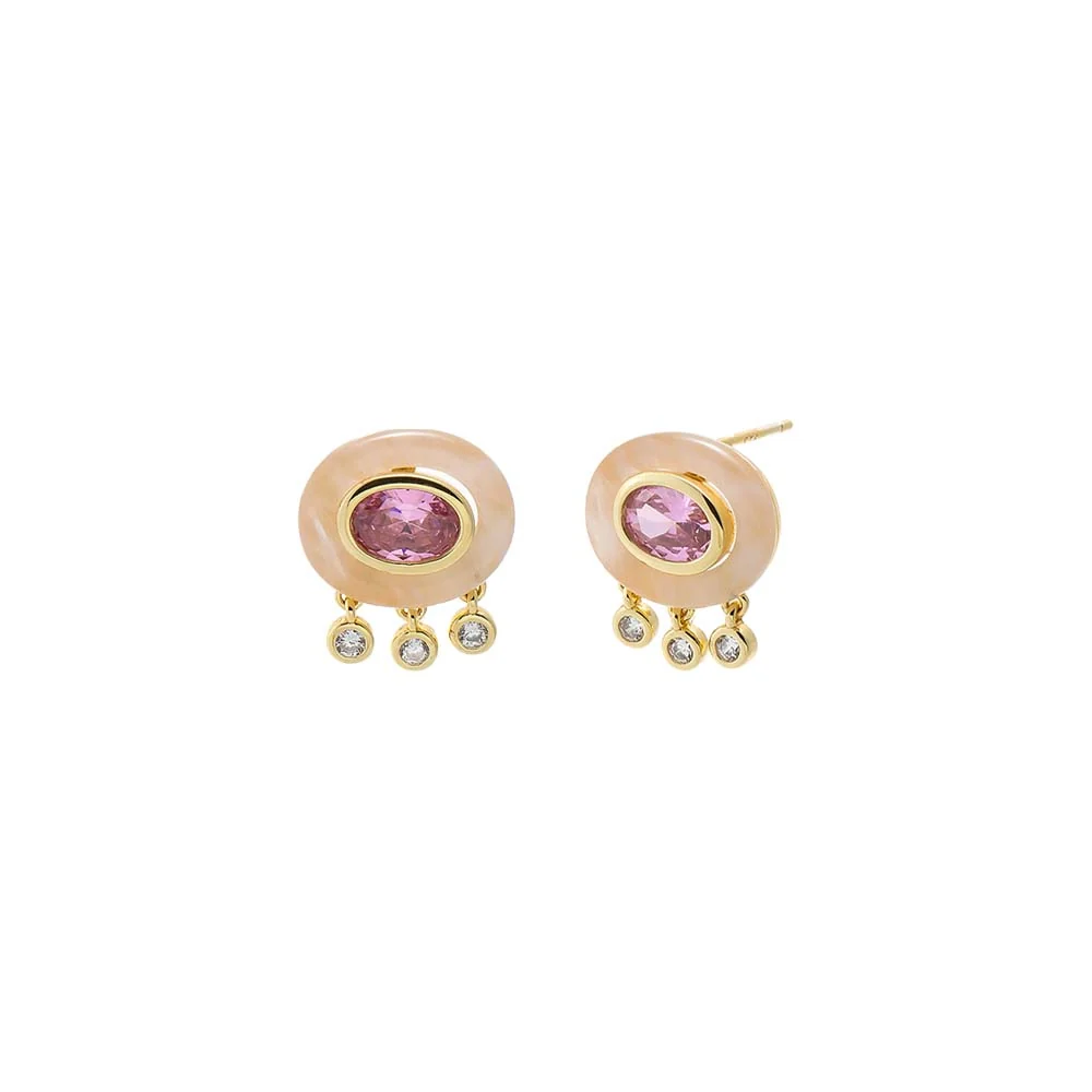 Oval Pink CZ Natural Stone Drop Stud Earring