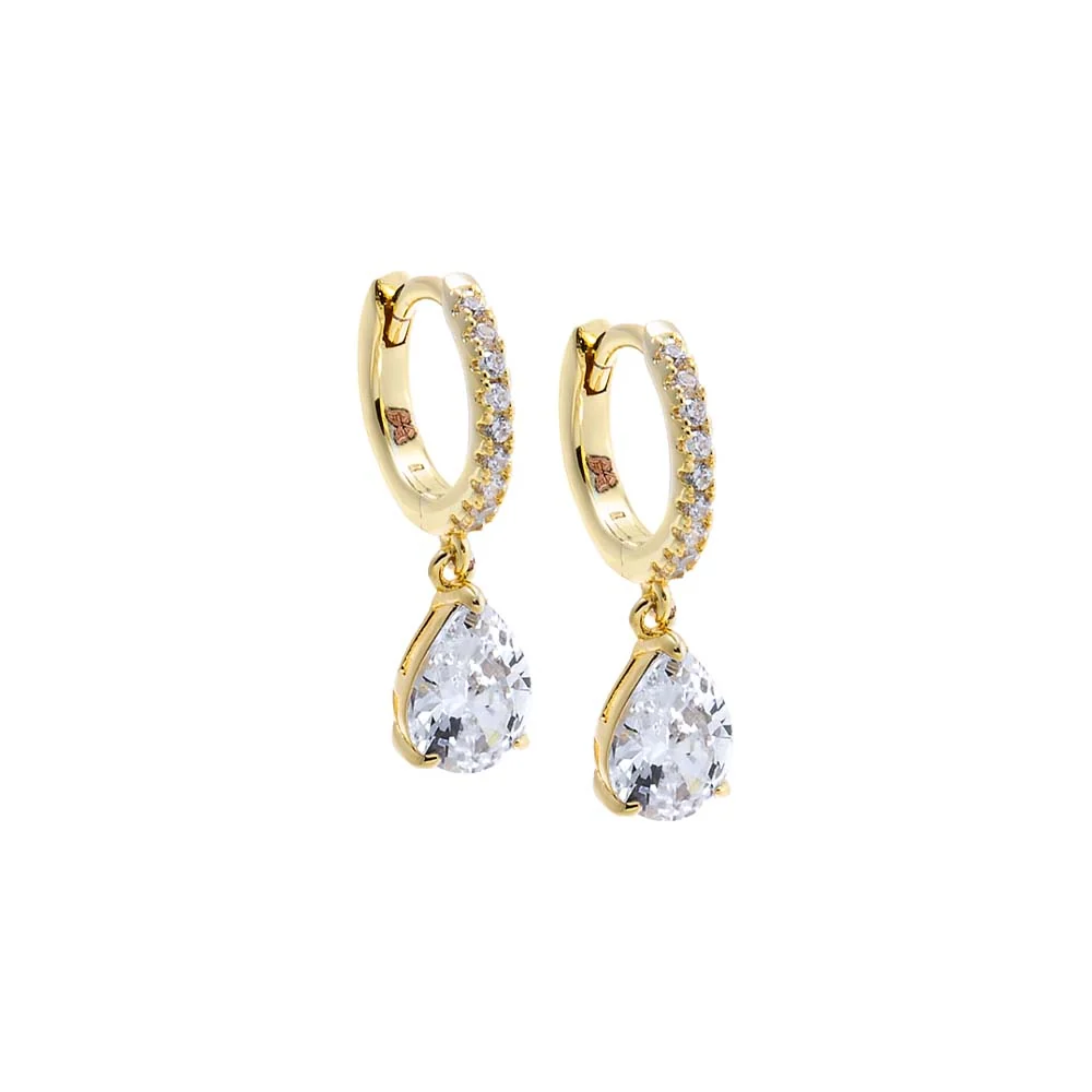 Pave Dangling CZ Pear Huggie Earring