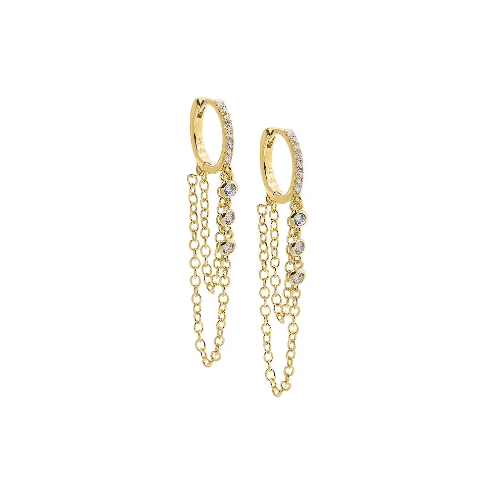 Triple CZ Bezel Chain Drop Huggie Earring