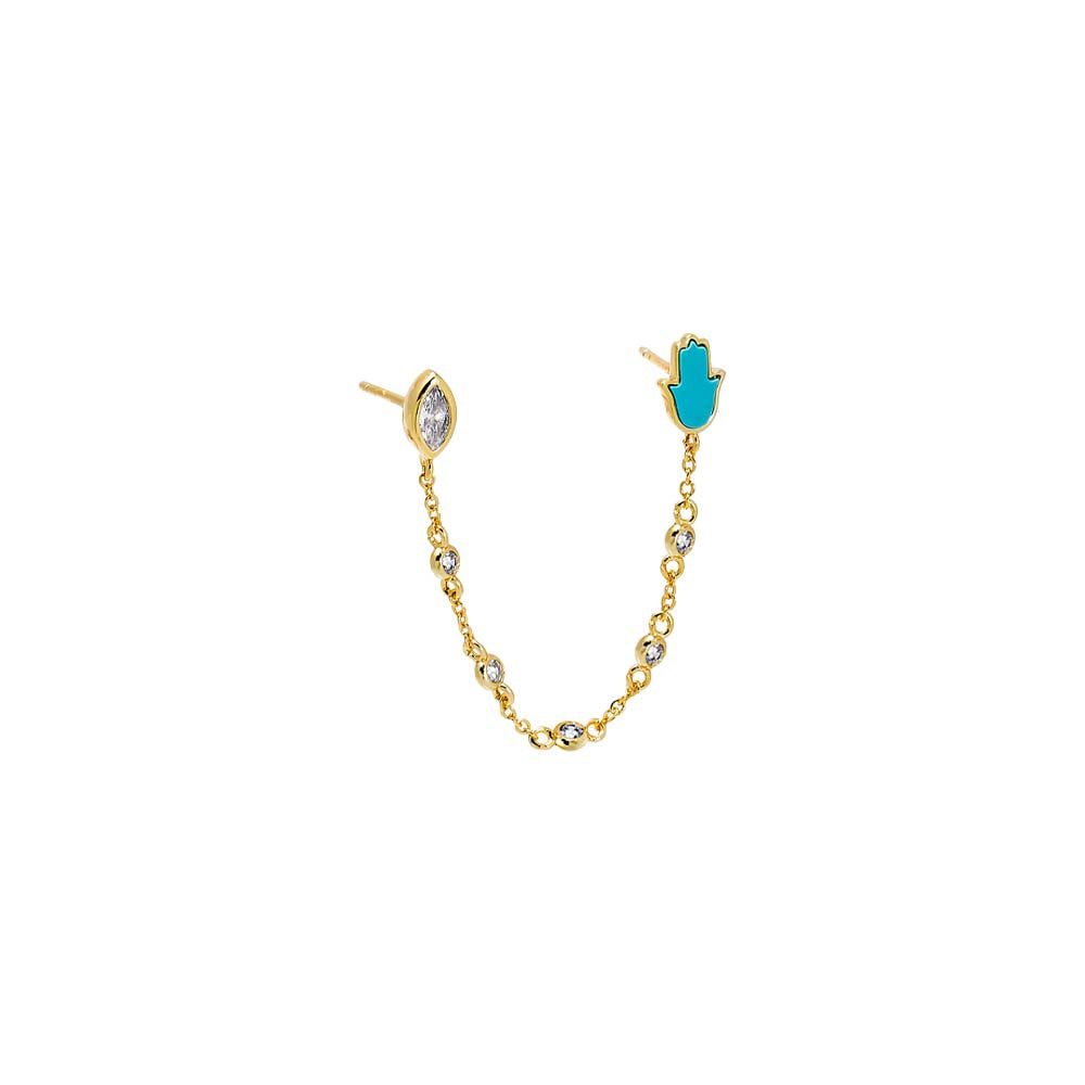 Turquoise Hamsa Bezel Chain Double Stud Earring