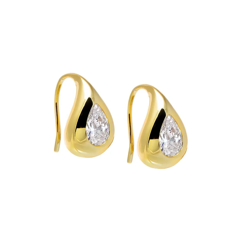 CZ Pear Bezel Fish Hook Huggie Earring