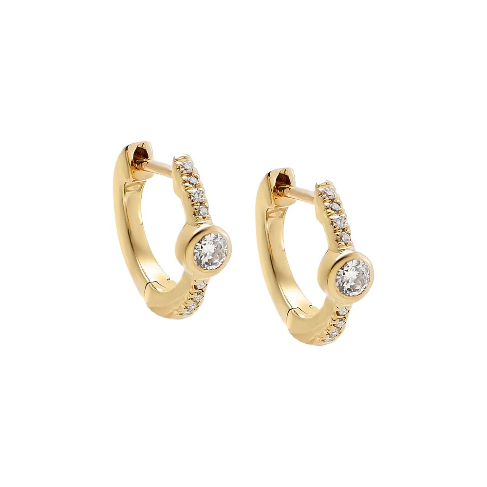 Diamond Round Bezel Accent Pave Huggie Earring 14K