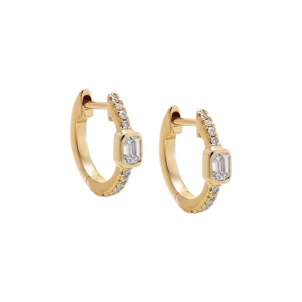 Diamond Emerald Bezel Accent Pave Huggie Earring 14K