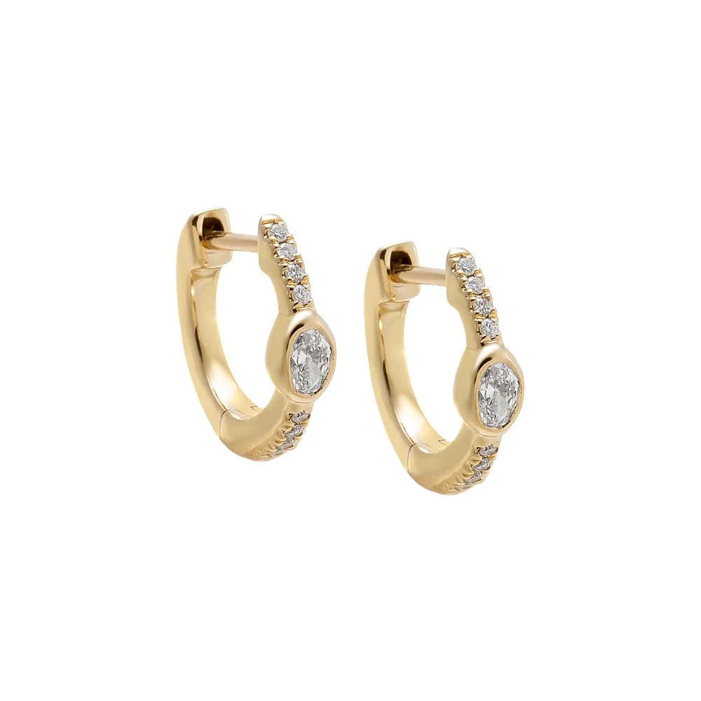 Diamond Oval Bezel Accent Pave Huggie Earring 14K
