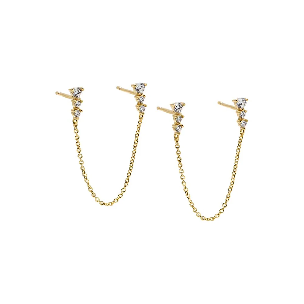 CZ 3 Prong Draped Chain Stud Earring