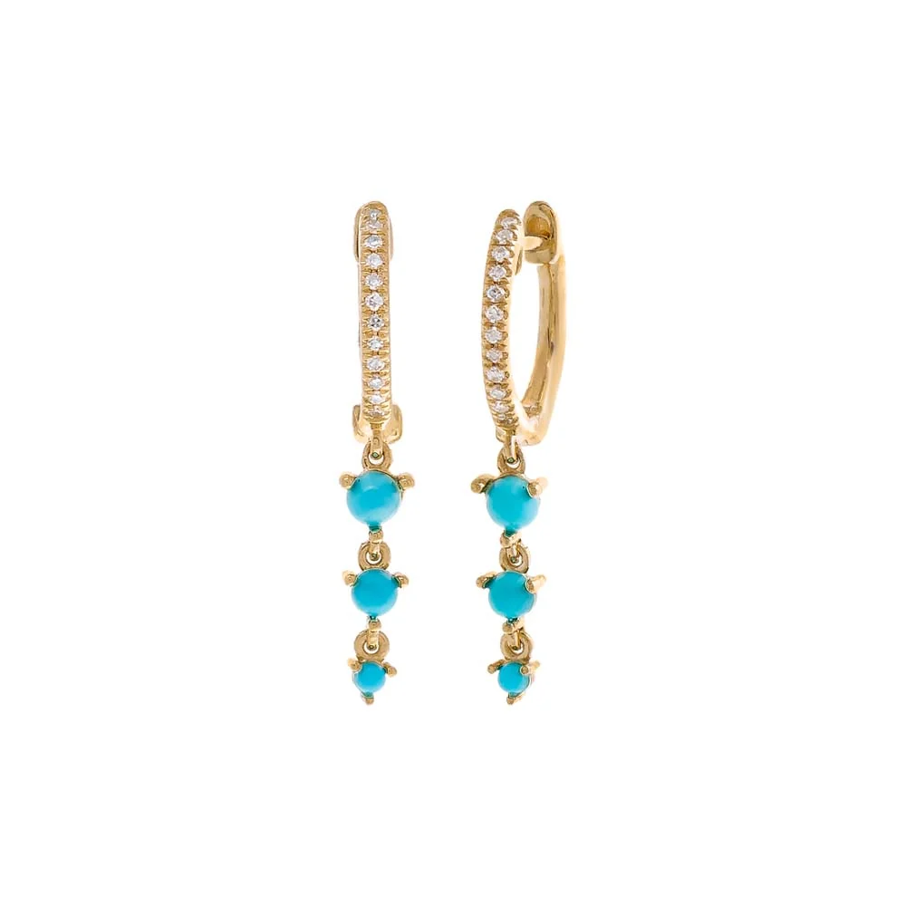 Diamond Pave X Turquoise Triple Drop Huggie Earring 14K