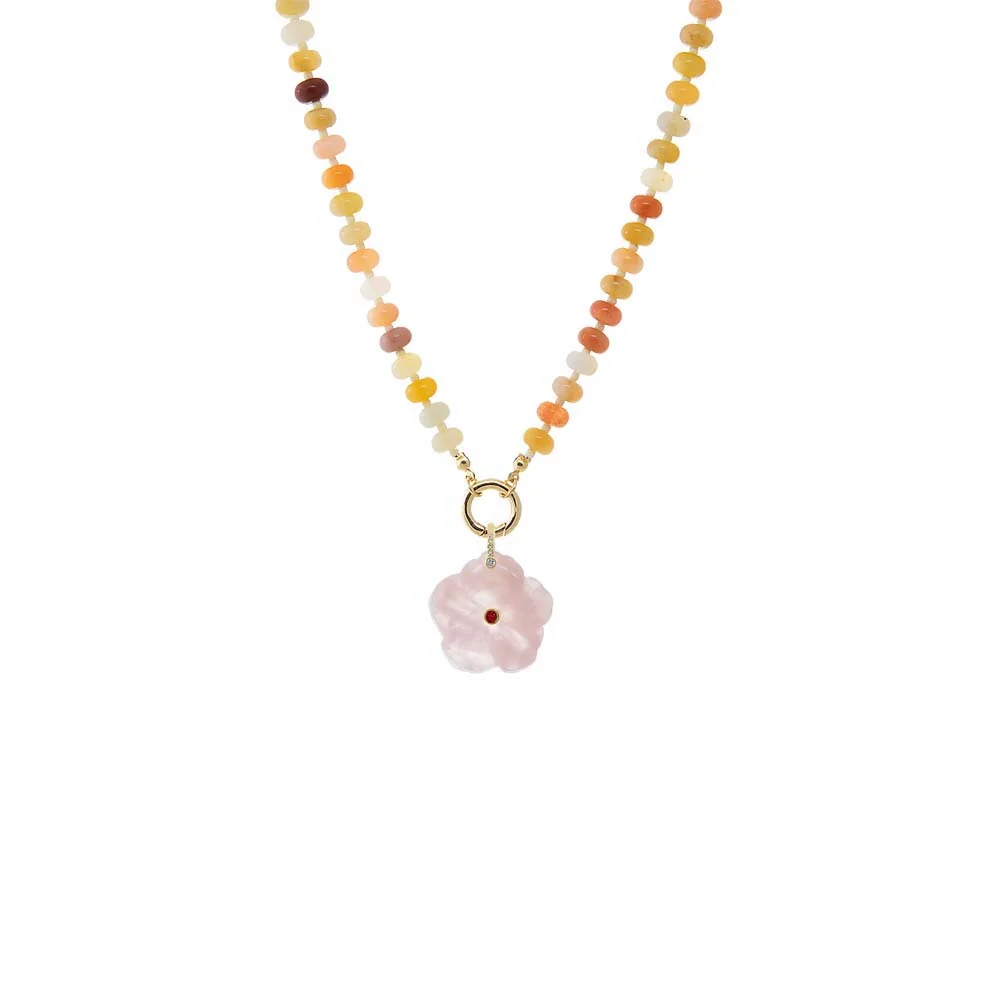CZ Bezel Natural Stone Flower Charm & Beaded Clicker Necklace