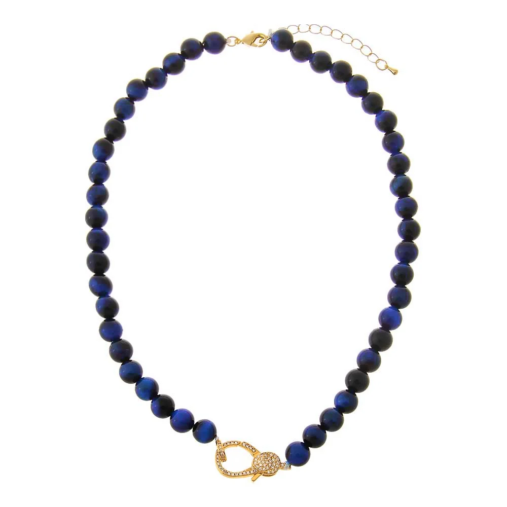 Blue Tiger Eye Natural Stone Pave Lobster Clasp Necklace