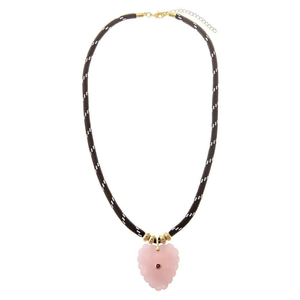 Rose Quartz Heart Natural Stone Dark Brown Rope Necklace