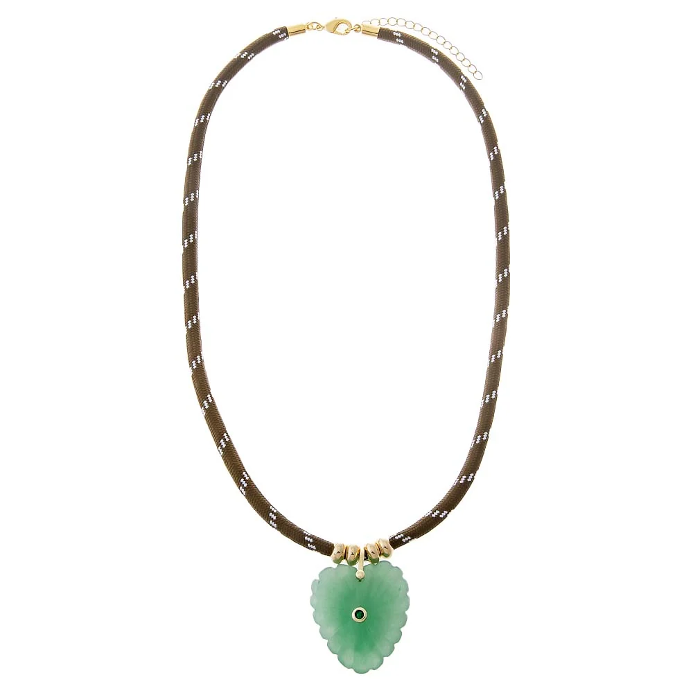 Jade Green Heart Natural Stone Dark Brown Rope Necklace