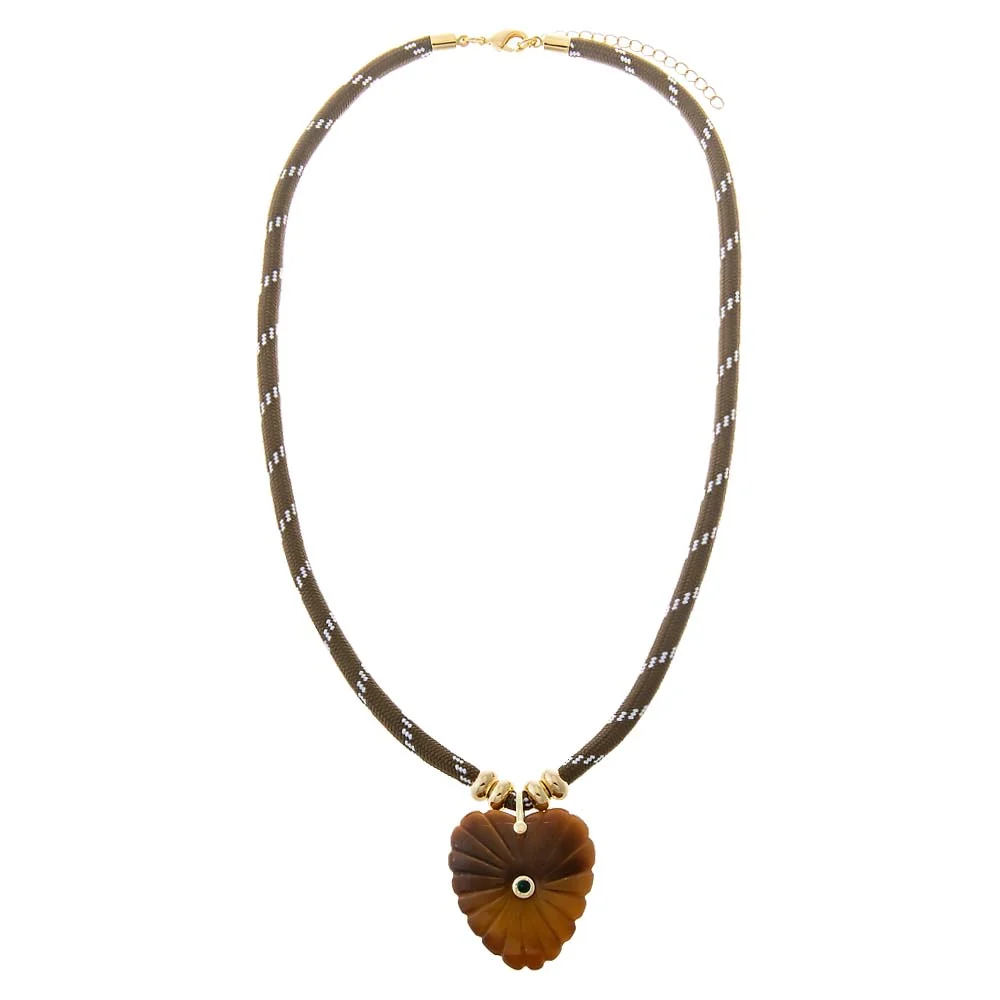 Tiger Eye Heart Natural Stone Dark Brown Rope Necklace