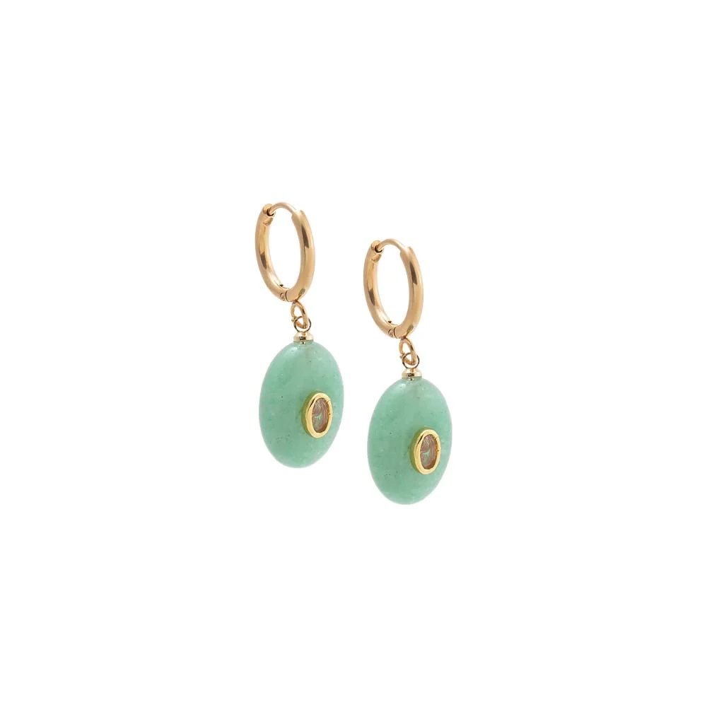 Oval Charm Bezel Natural Stone Drop huggie Earrings