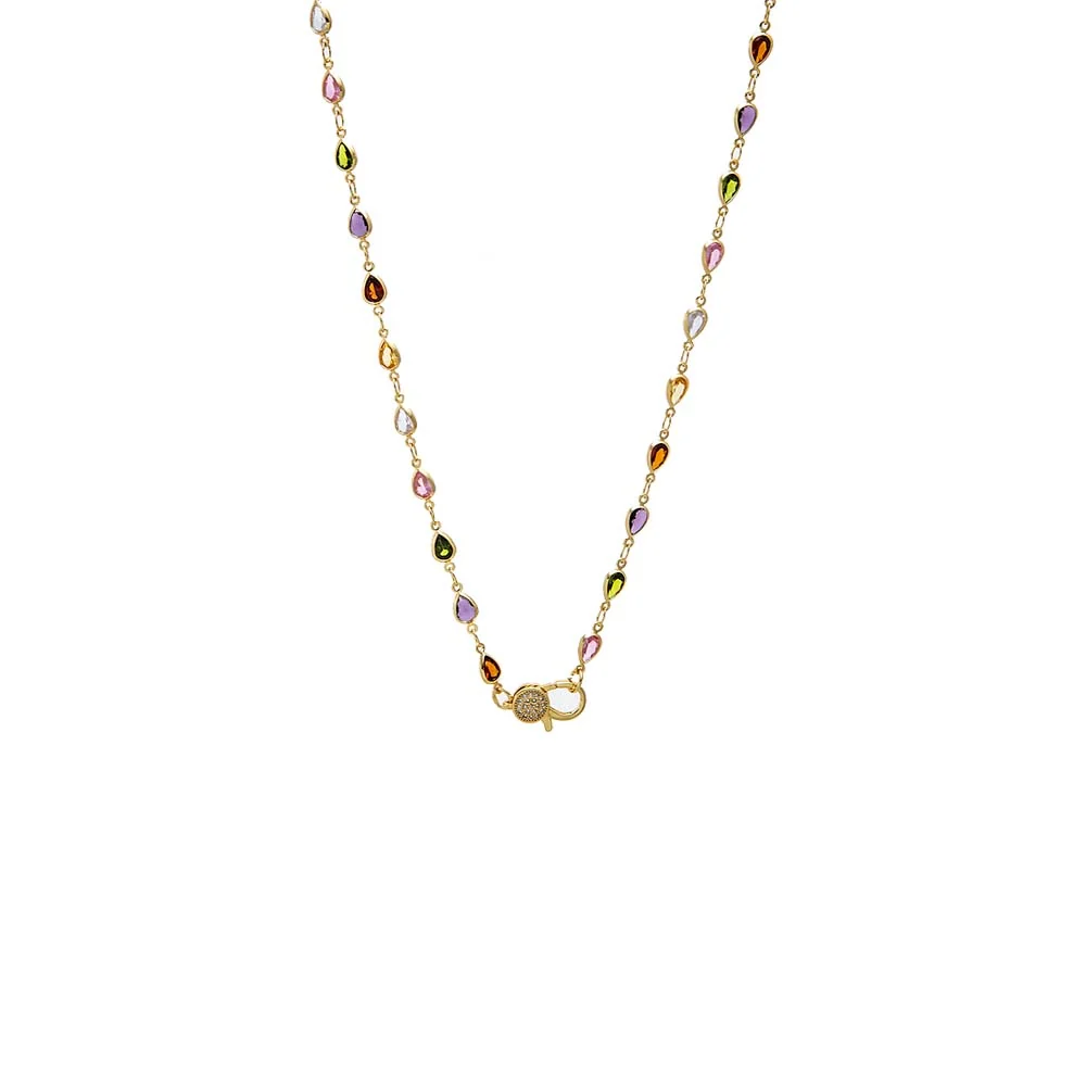 Colored CZ Pear Bezel Pave Clasp Chain Necklace