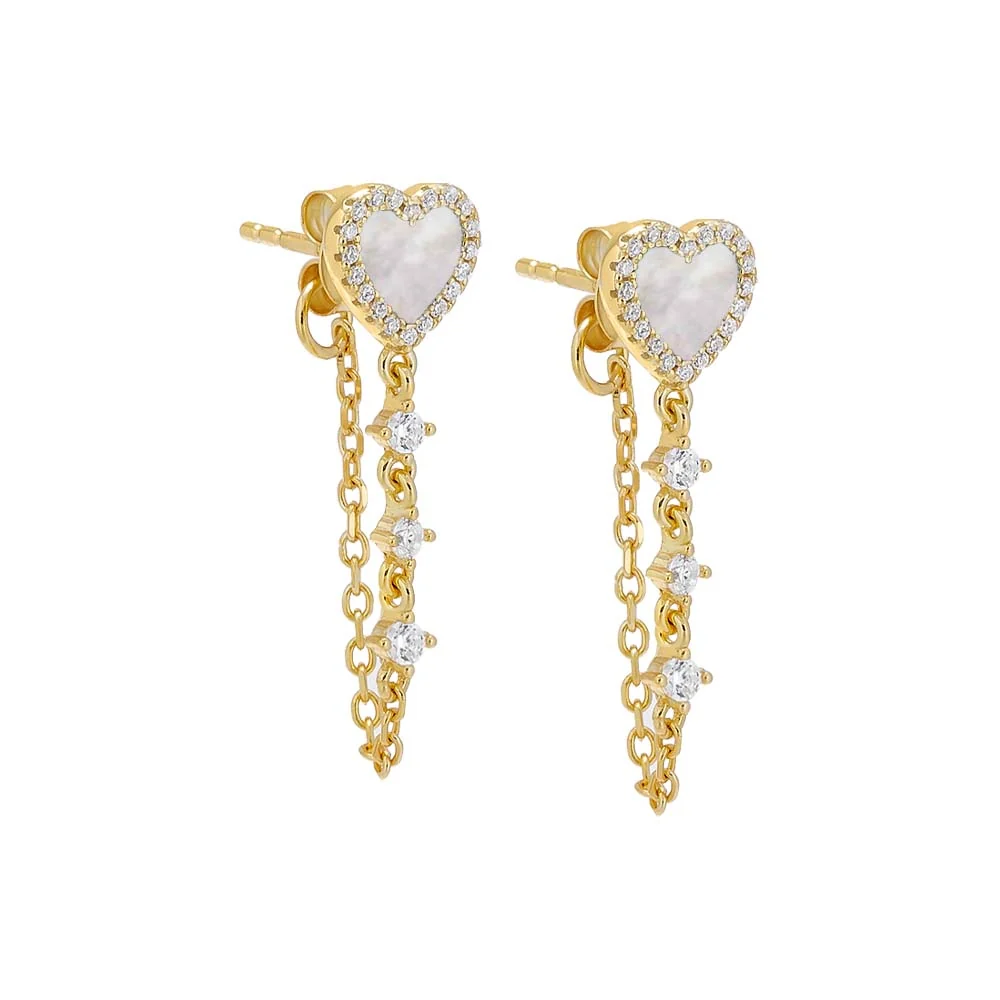 Tiny Pave Colored Gemstone Drop Chain Stud Earring
