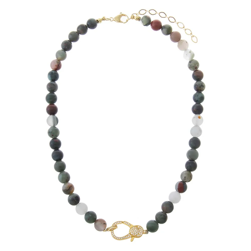 Bloodstone Natural Stone Pave Lobster Clasp Necklace
