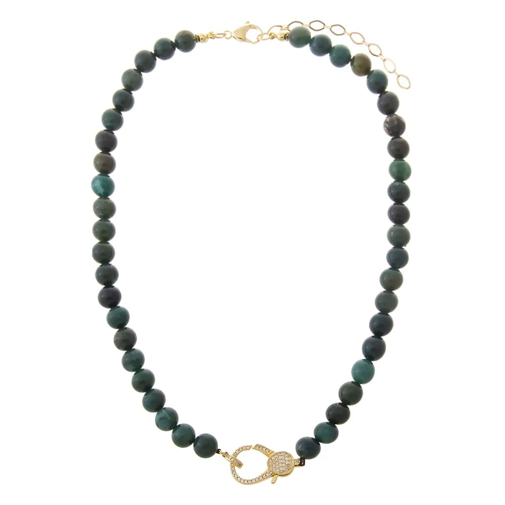 Dark Forest Moss Green Natural Stone Pave Lobster Clasp Necklace