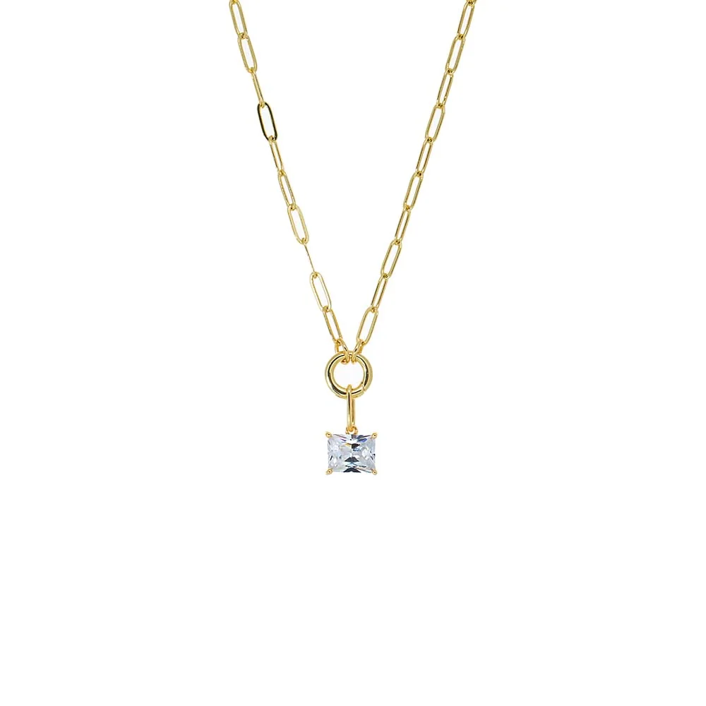 Colored CZ Emerald Charm & Paperclip Clicker Toggle Link Necklace