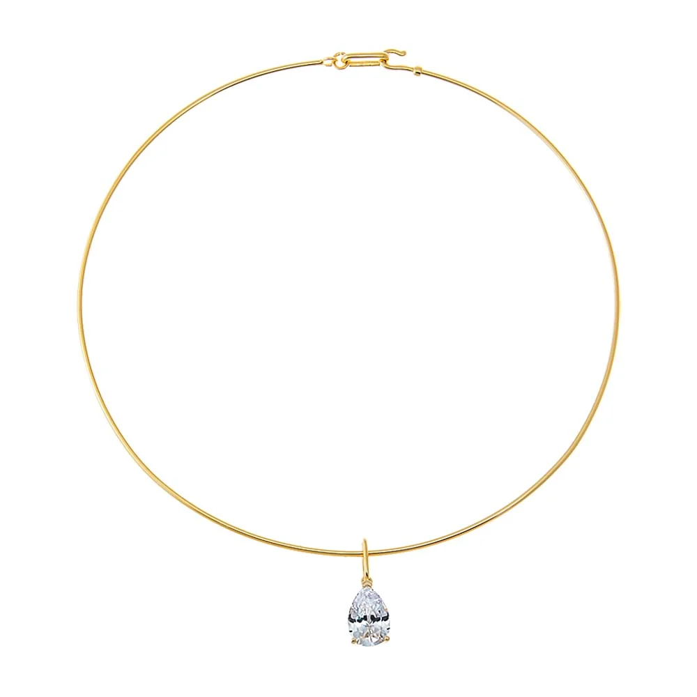 Colored CZ Pear Charm Solid Thin Wire Choker Necklace