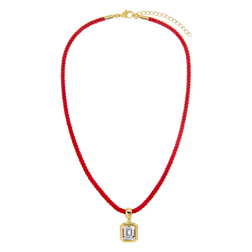 Colored CZ Emerald Bezel Pendant & Twisted Cotton Rope Necklace