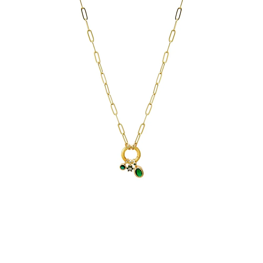 Green CZ Charm Trio Paperclip Clicker Necklace