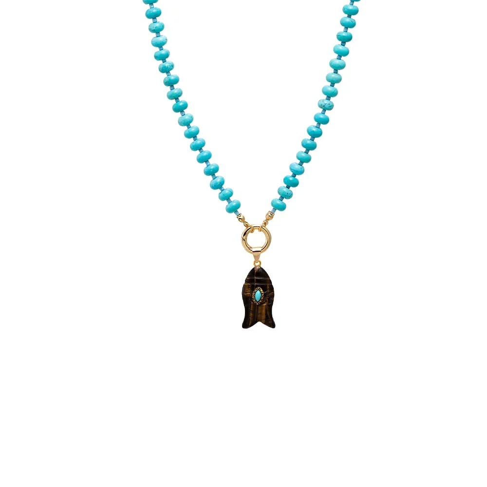 Turquoise Marquise Natural Stone Fish Pendant & Beaded Clicker Necklace