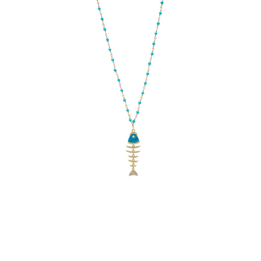 Pave/Turquoise Fishbone Extra Long Chain Pendant Necklace