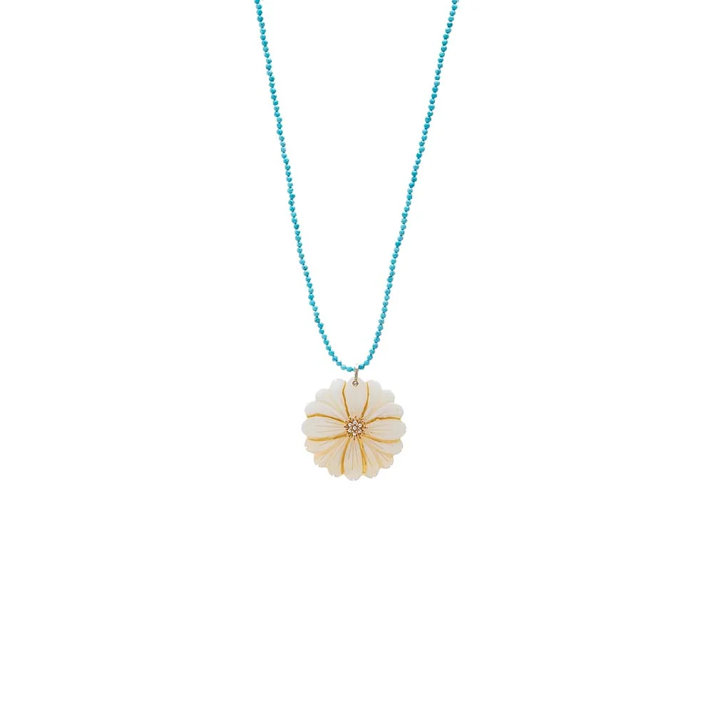 Mother of Pearl Flower With Turquoise Bead Pendant Necklace