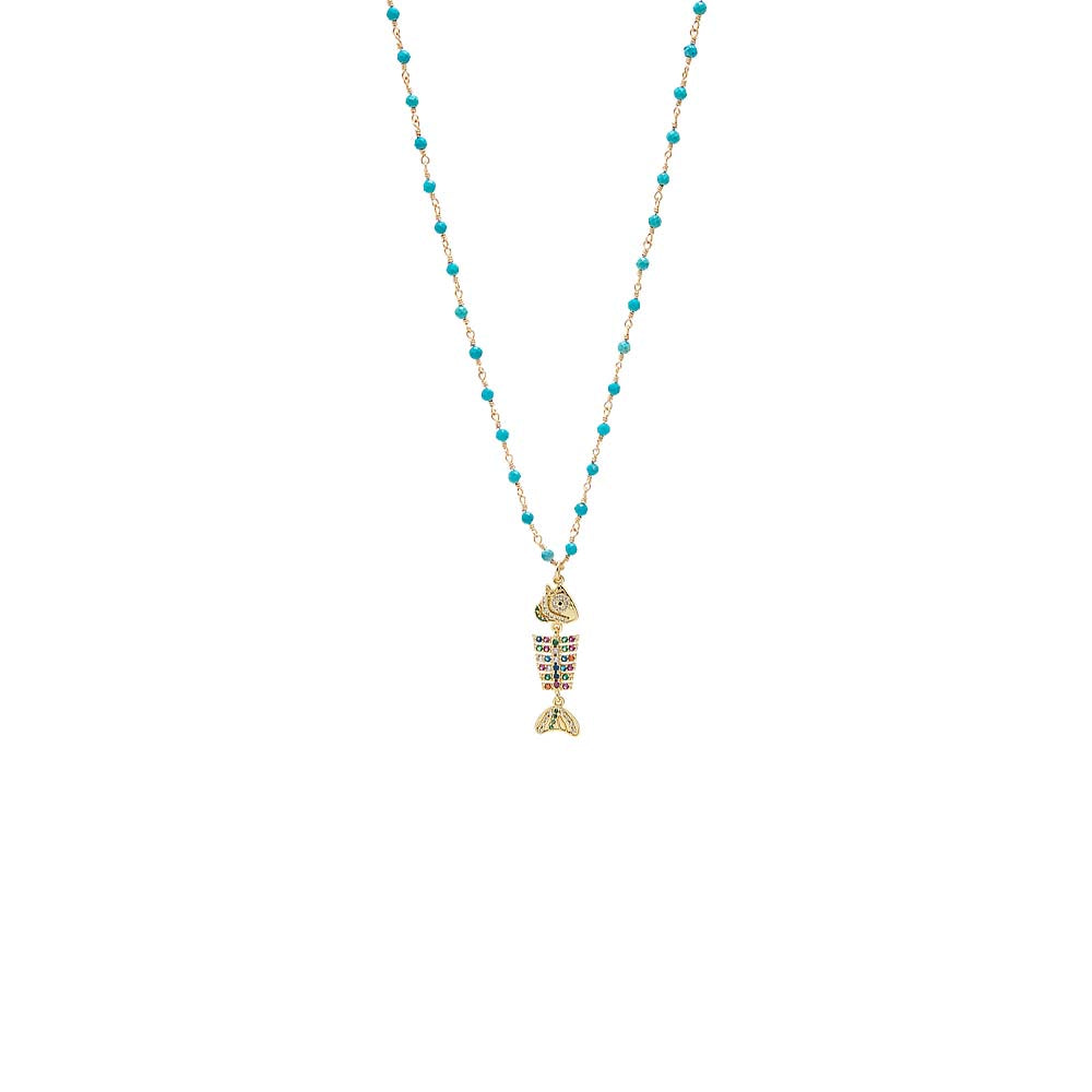 Rainbow Fishbone With Turquoise Beaded Pendant Necklace