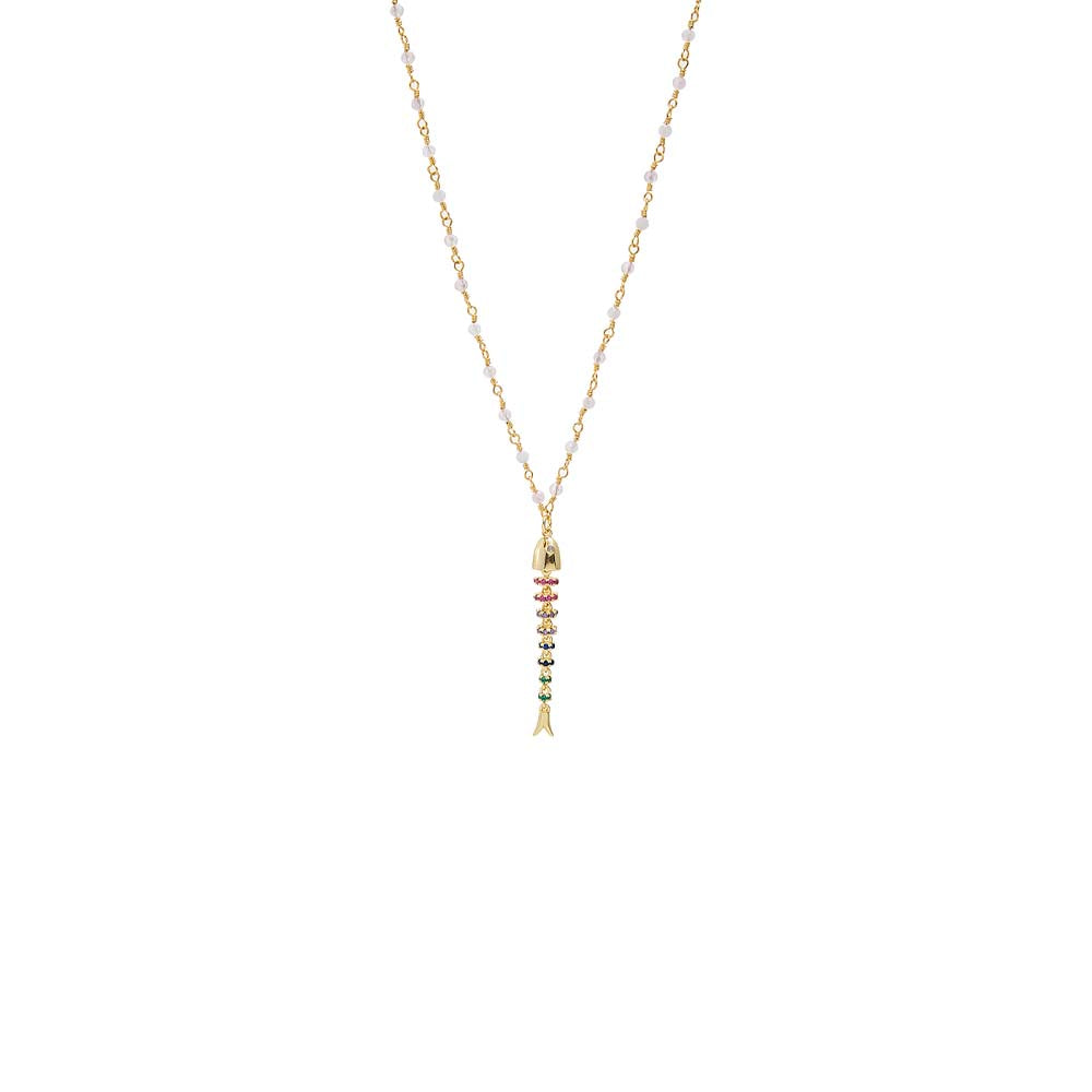 Multicolor Fishbone With Transparent Beaded Pendant Necklace