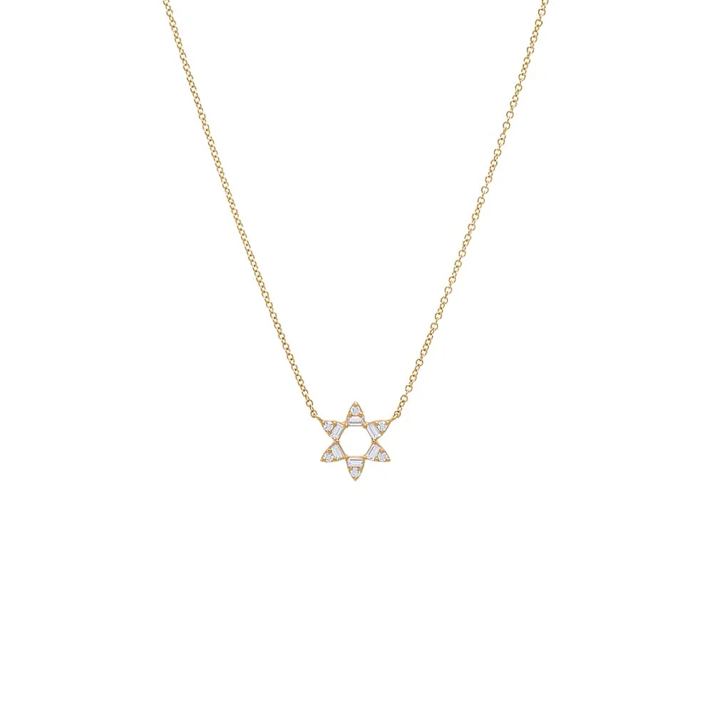 Diamond Round X Baguette Open Star Of David Necklace 14K