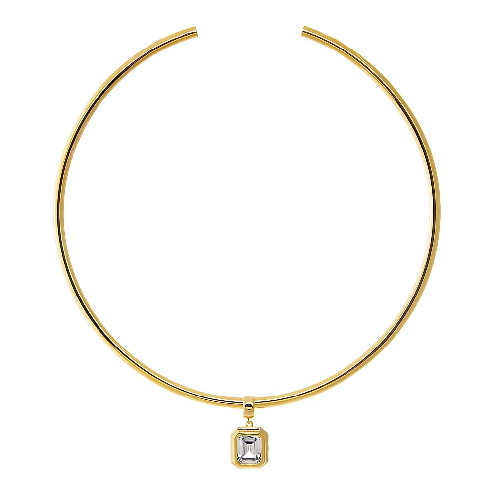 Colored CZ Emerald Bezel/ Solid Tube Open Collar Pendant Necklace