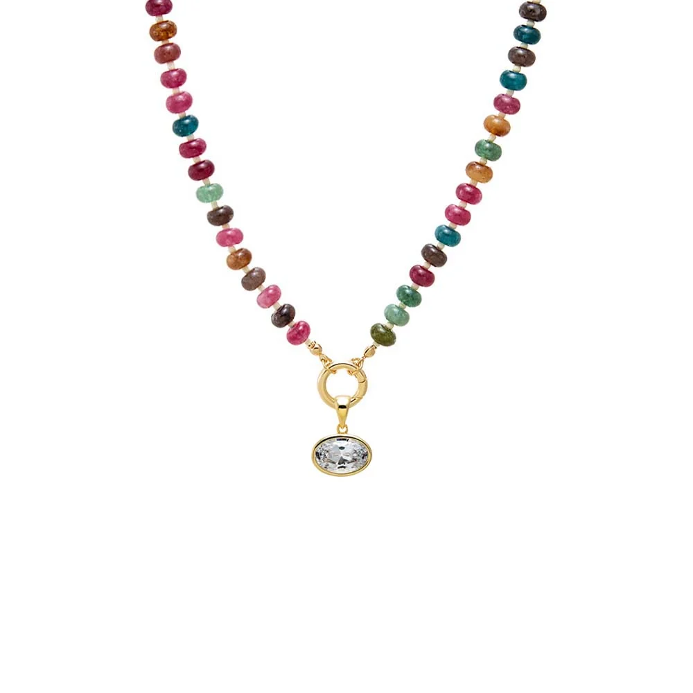 Colored Natural Stone Beaded /CZ Oval Charm Necklace