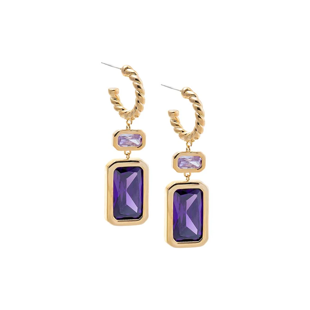 Colored Elongated Bezel Emerald Drop Hoop Earring