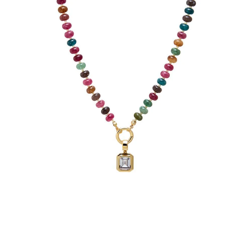 Colored Natural Stone Beaded /CZ Emerald Bezel Charm Necklace